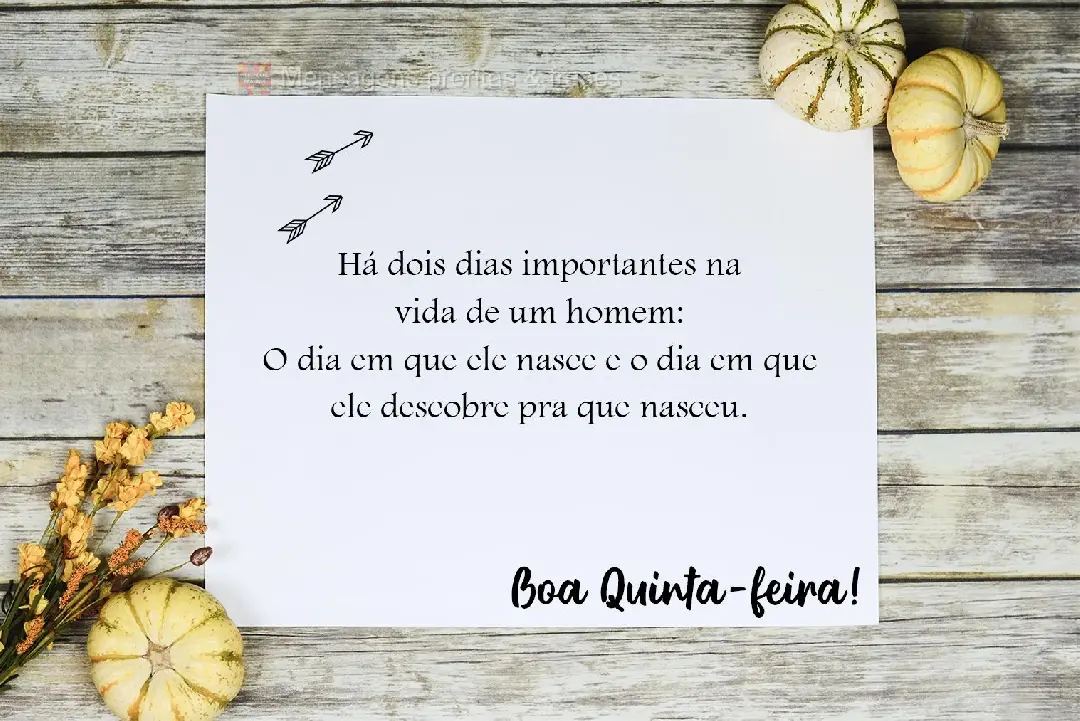 Há dois dias importantes na vida de um homem: O dia em que ele nasce e o dia em que ele descobre pra que nasceu.  Boa Quinta-feira!