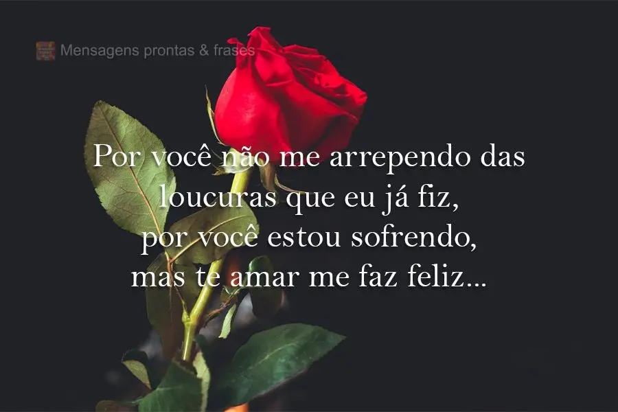 Por você não me arrependo das loucuras que eu já fiz. Por você estou sofrendo, mas te amar me faz feliz...
