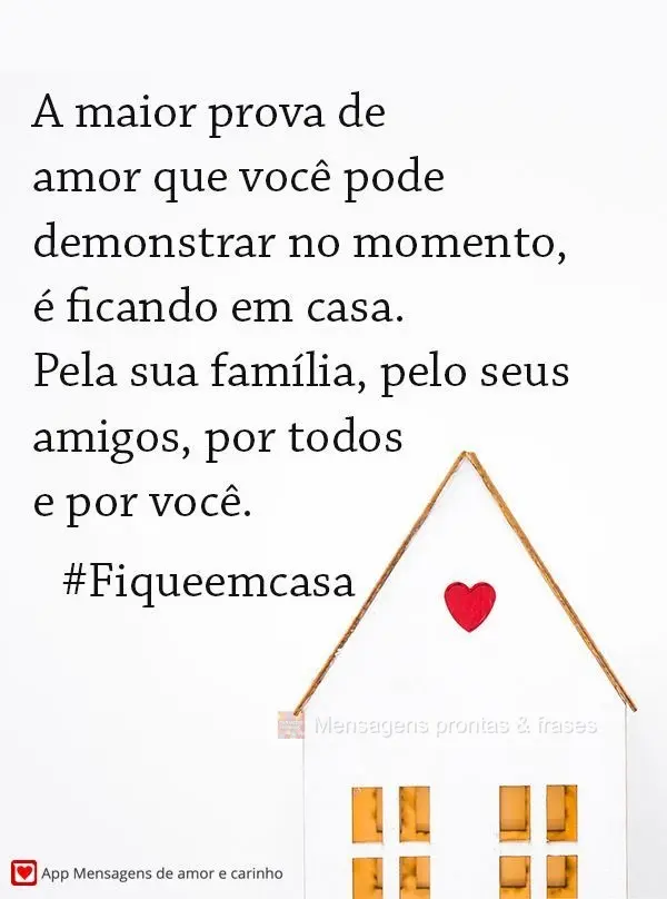 A maior prova de amor que você pode demonstrar no momento, é ficando em casa. Pela sua família, pelo seus amigos, por todos e por você. 
 #fiqueemca...