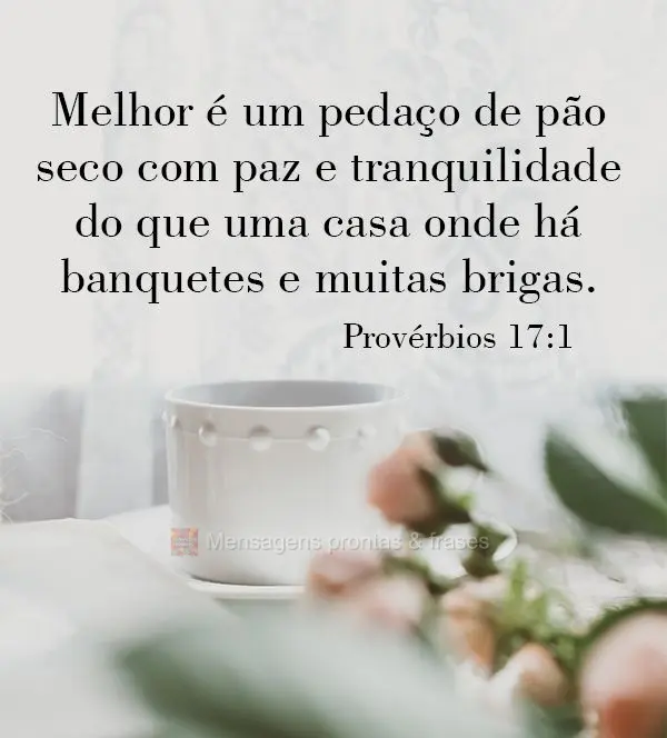 Melhor é um pedaço de pão seco com paz e tranquilidade do que uma casa onde há banquetes e muitas brigas. 
 Provérbios 17:1