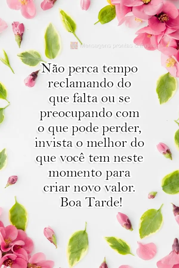 Não perca tempo reclamando do que falta ou se preocupando com o que pode perder, invista o melhor do que você tem neste momento para criar novo valor. ...