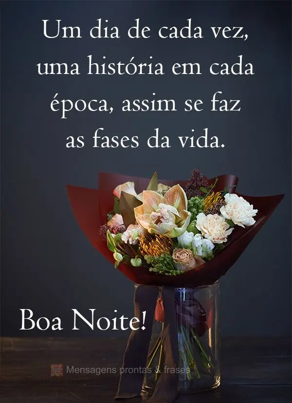 Um dia de cada vez, uma história em cada época, assim se faz as fases da vida. 
 Boa Noite! 