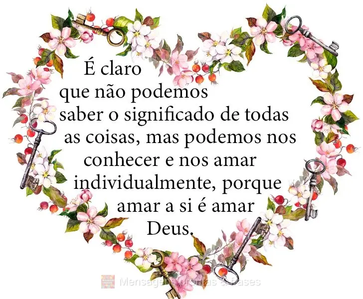 É claro que não podemos saber o significado de todas as coisas, mas podemos nos conhecer e nos amar individualmente, porque amar a si é amar a Deus.
...