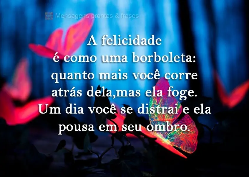 A felicidade é como uma borboleta: quanto mais você corre atrás dela, mais ela foge. Um dia você se distrai e ela pousa em seu ombro.
