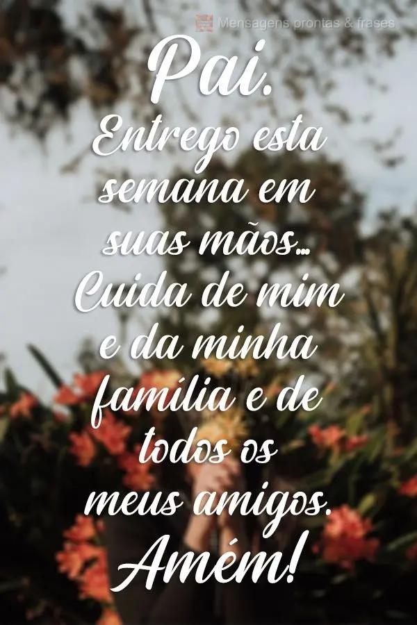 Pai. Entrego esta semana em suas mãos...Cuida de mim, da minha família e de todos os meus amigos. Amém!
