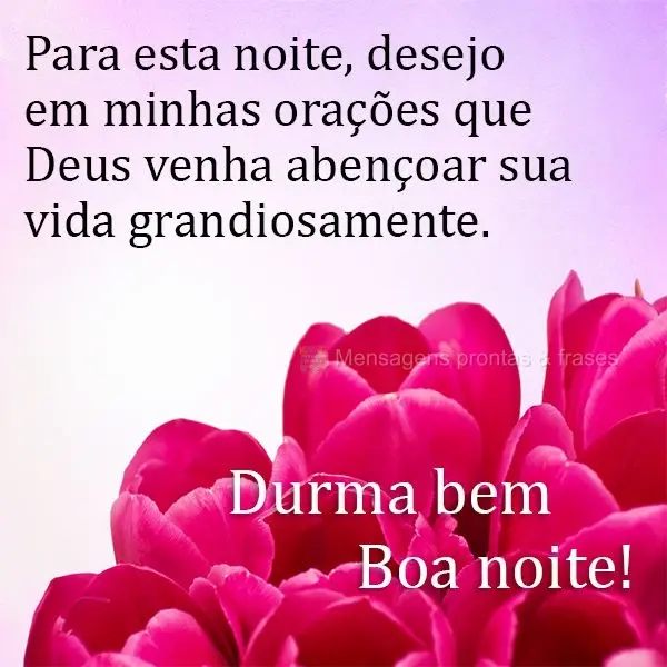 Pra essa noite, desejo em minhas orações que Deus venha abençoar sua vida grandiosamente. 
 Durma bem Boa noite! 