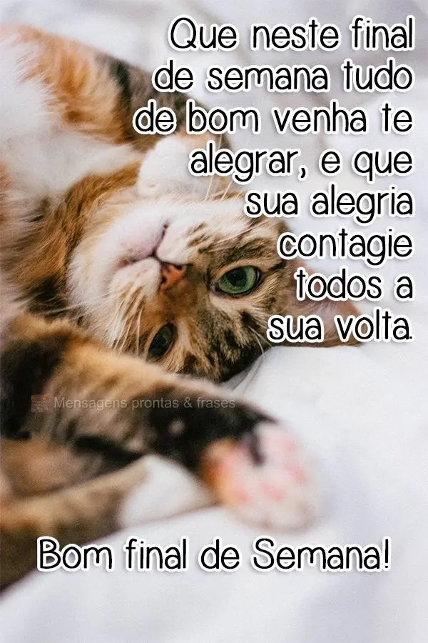Que neste final de semana tudo de bom  venha te alegrar, e que sua alegria contagie todos a sua volta. 
 Bom final de semana!