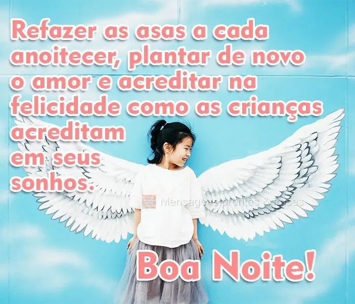 Refazer as asas a cada anoitecer, plantar de novo o amor e acreditar na felicidade como as crianças acreditam em seus sonhos. 
 Boa Noite!