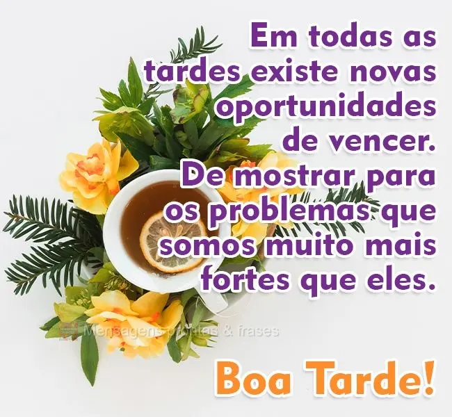 Em todas as tardes existe novas oportunidades de vencer. De mostrar para os problemas que somos muito mais fortes que eles. 
 Boa Tarde!