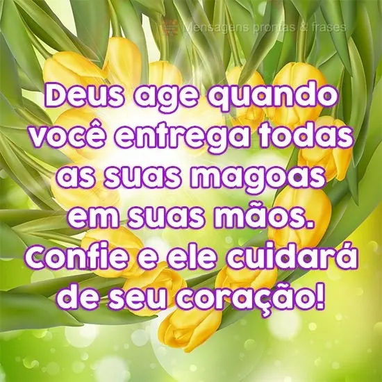 Deus age quando você entrega todas as suas magoas em suas mãos. Confie e ele cuidará de seu coração!
