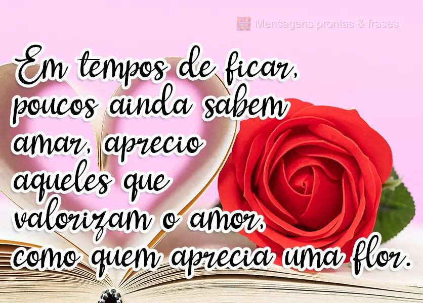 Em tempos de ficar, poucos ainda sabem amar, aprecio aqueles que valorizam o amor, como quem aprecia uma flor.

