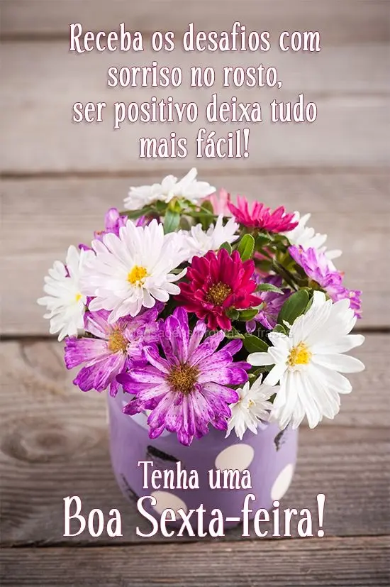 Receba os desafios com sorriso no rosto, ser positivo deixa tudo mais fácil! 
 Tenha uma Boa Sexta-feira!