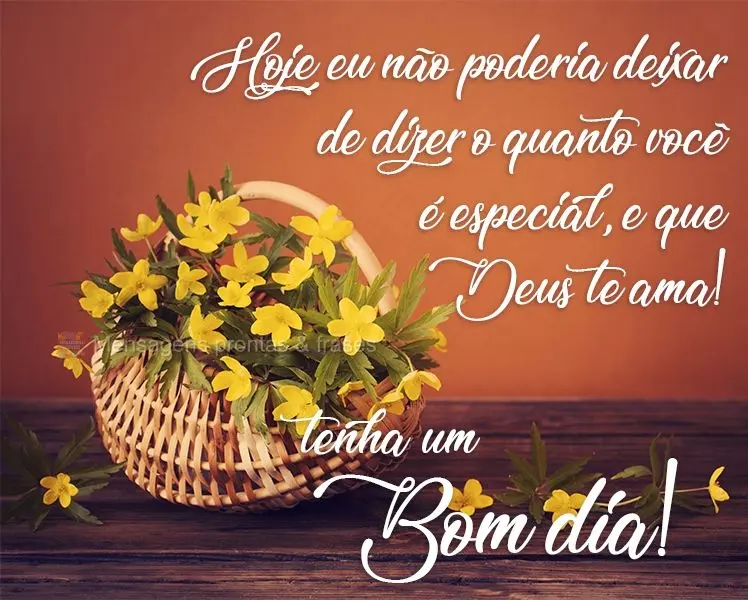 Hoje eu não poderia deixar de dizer o quanto você é especial, e que Deus te ama! 
 Tenha um Bom Dia!