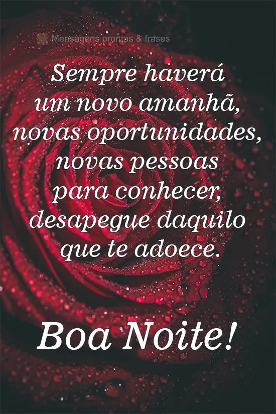 Sempre haverá um novo amanhã, novas oportunidades, novas pessoas para conhecer, desapegue daquilo que te adoece. 
 Boa Noite!