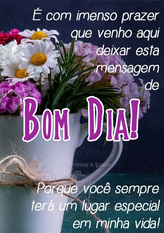 É com imenso prazer que venho aqui deixar esta mensagem de Bom Dia! Porque você sempre terá um lugar especial em minha vida!
