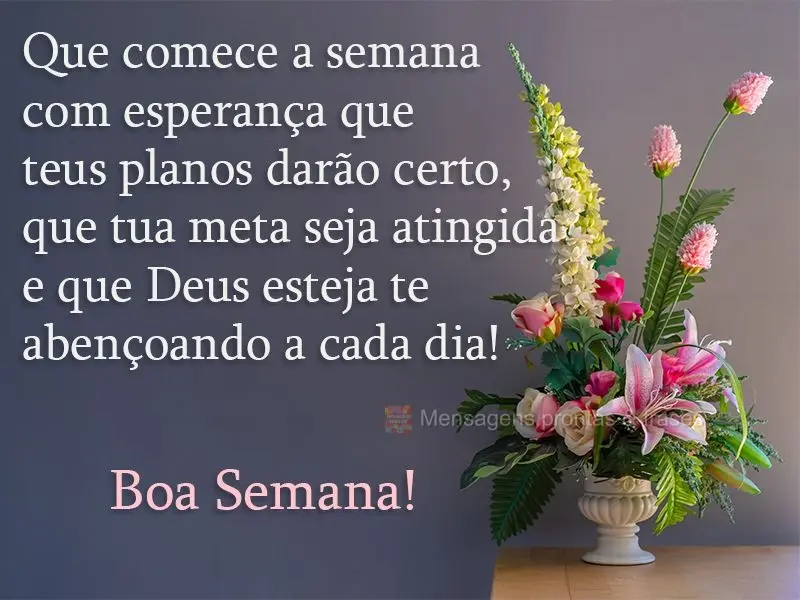 Que comece a semana com esperança que teus planos darão certo, que tua meta seja atingida e que Deus esteja te abençoando a cada dia! 
 Boa Semana!...