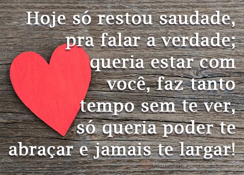 Hoje só restou saudade. Pra falar a verdade, queria estar com você! Faz tanto tempo sem te ver, só queria poder te abraçar e jamais te largar! 
