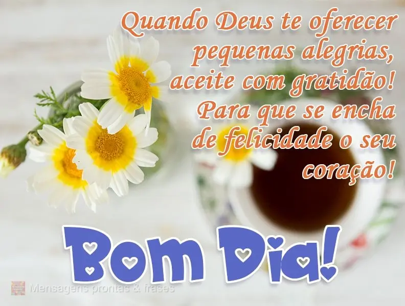 Quando Deus te oferecer pequenas alegrias, aceite com gratidão, para que se encha de felicidade seu coração!
  BOM DIA!