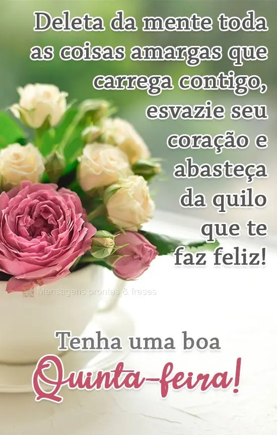 Deleta da mente todas as coisas amargas que carrega contigo, esvazie seu coração e abasteça daquilo que te faz feliz!  Tenha uma boa Quinta-feira!