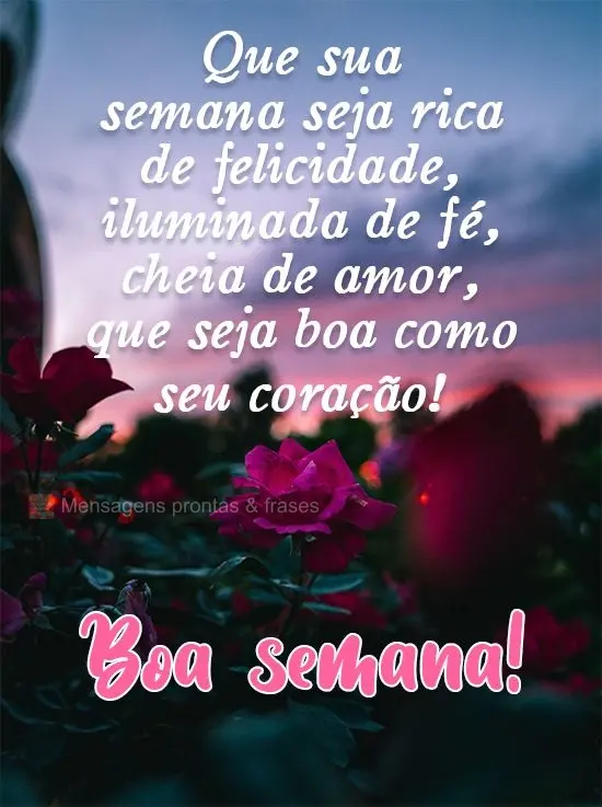 Que sua semana seja rica de felicidade, iluminada de fé, cheia de amor, que seja boa como seu coração! 
 Boa semana!