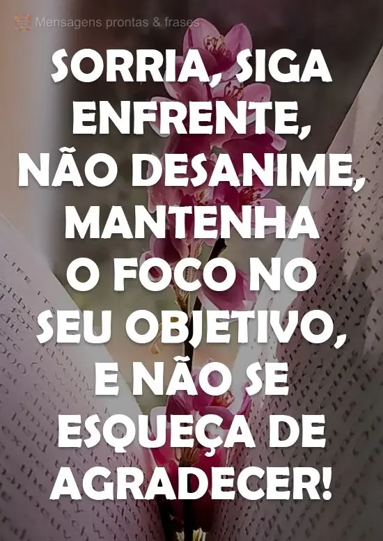 Sorria, siga em frente, não desanime. Mantenha o foco no seu objetivo, e não se esqueça de agradecer!
