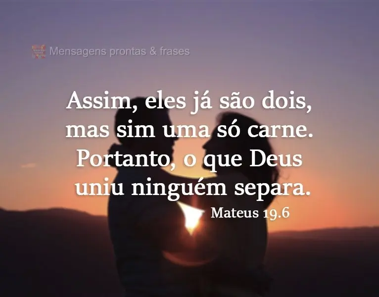 Assim, eles já não são dois, mas sim uma só carne. Portanto, o que Deus uniu ninguém separa. 
 Mateus 19.6