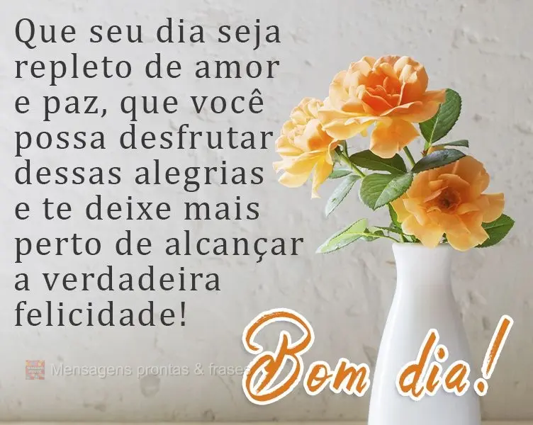 Que seu dia seja repleto de amor e paz, que você possa desfrutar dessas alegrias e te deixe mais perto de alcançar a verdadeira felicidade!
  Bom dia!...