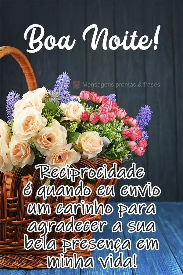 Reciprocidade é quando eu envio um carinho para agradecer a sua bela presença em minha vida!  Boa Noite!