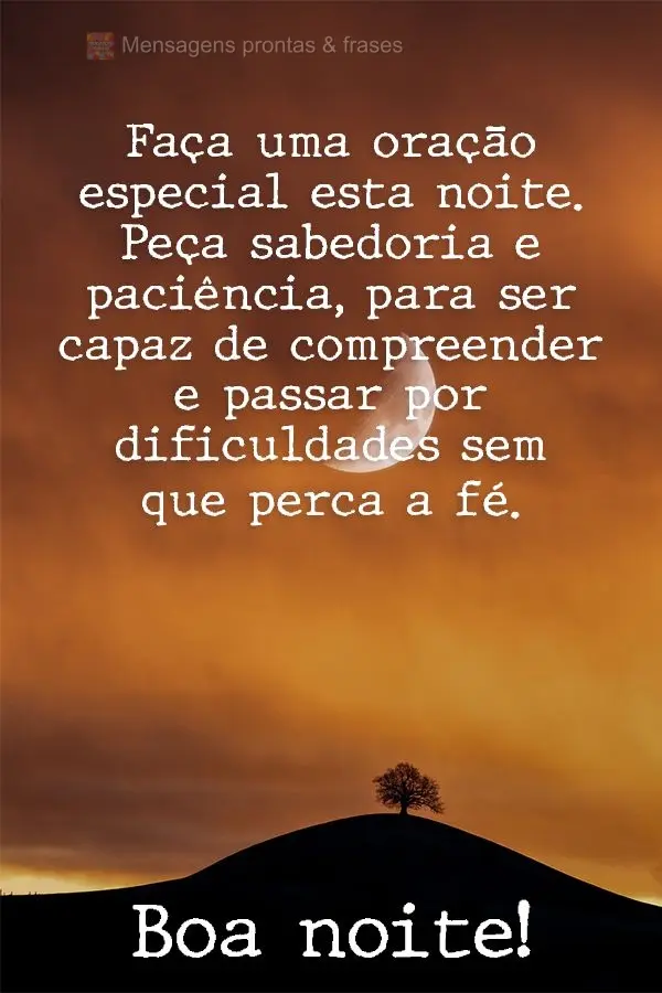 Faça uma oração especial esta noite. Peça sabedoria e paciência, para ser capaz de compreender e passar por dificuldades sem que perca a fé.  Boa n...