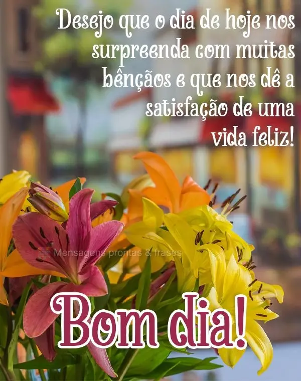 Desejo que o dia de hoje nos surpreenda com muitas bênçãos e que nos dê a satisfação de uma vida feliz! Bom dia! 