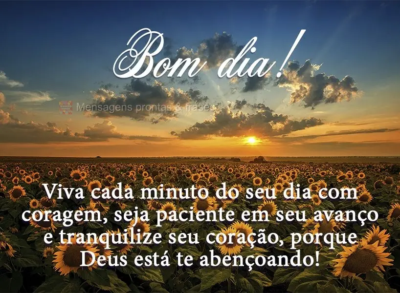 Viva cada minuto do seu dia com coragem. Seja paciente em seu avanço e tranquilize seu coração, porque Deus está te abençoando! Bom dia!