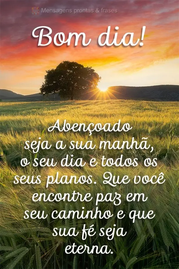 Abençoada seja a sua manhã, o seu dia e todos os seus planos. Que você encontre paz em seu caminho e que sua fé seja eterna. Bom dia!
