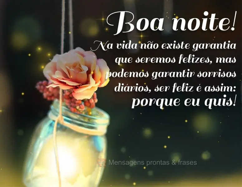Na vida não existe garantia que seremos felizes, mas podemos garantir sorrisos diários, ser feliz é assim: porque eu quis! Boa noite!