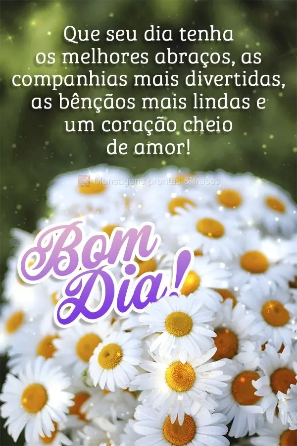 Que seu dia tenha os melhores abraços, as companhias mais divertidas, as bênçãos mais lindas e um coração cheio de amor! Bom dia!