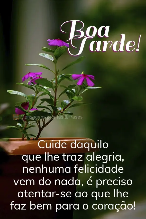 Cuide daquilo que te traz alegria. Nenhuma felicidade vem do nada, é preciso atentar-se ao que faz bem para o seu coração! Boa tarde!