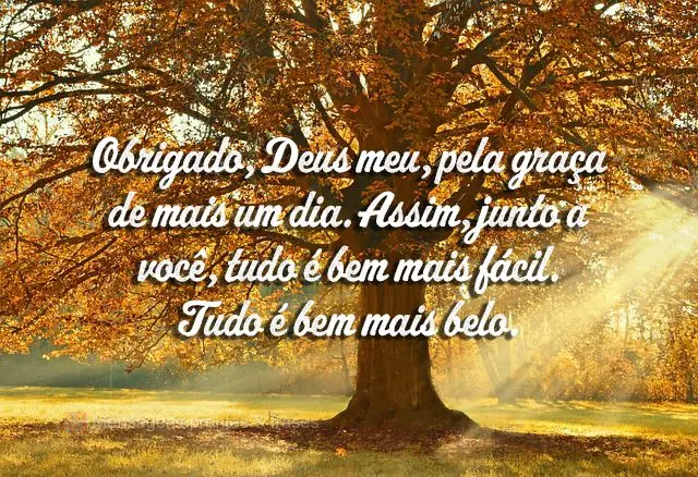 Obrigado, Deus meu, pela graça de mais um dia. Assim, junto a você, tudo é bem mais fácil. Tudo é bem mais belo.
