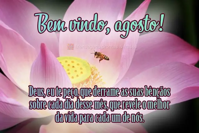 Deus, eu te peço que derrame as suas bênçãos sobre cada dia desse mês, que revele o melhor da vida para cada um de nós.  Bem-vindo, agosto!