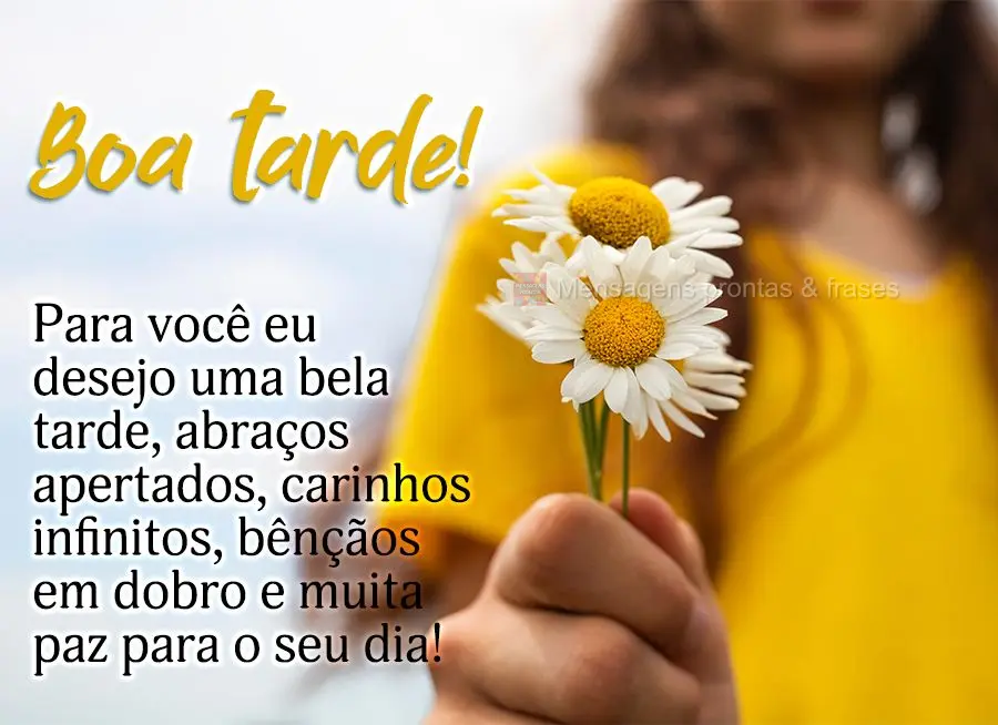 Para você eu desejo uma bela tarde, abraços apertados, carinhos infinitos, bênçãos em dobro e muita paz para o seu dia! Boa tarde! 