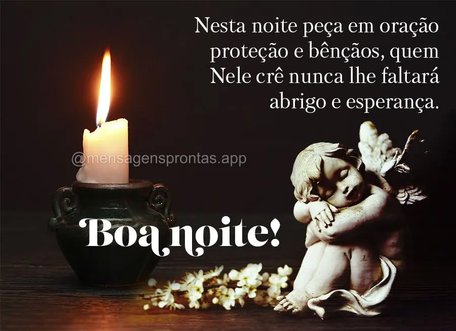 Nesta noite peça em oração proteção e bênçãos, quem Nele crê nunca lhe faltará abrigo e esperança. Boa noite!