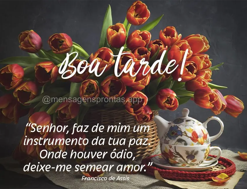 “Senhor, faz de mim um instrumento da tua paz. Onde houver ódio, deixe-me semear amor." Boa tarde!  Francisco de Assis