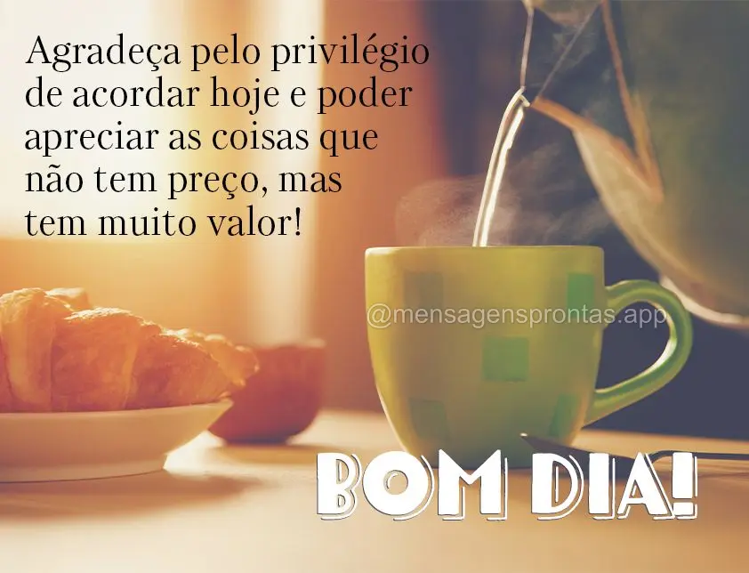 Agradeça pelo privilégio de acordar hoje e poder apreciar as coisas que não tem preço, mas tem muito valor! Bom dia!