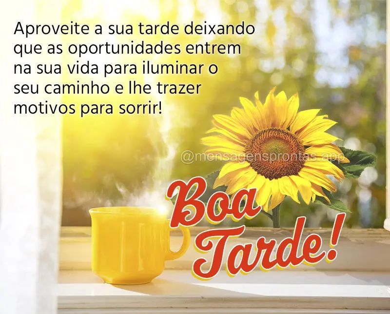 Aproveite a sua tarde deixando que as oportunidades entrem na sua vida para iluminar o seu caminho e lhe trazer motivos para sorrir! Boa tarde! 