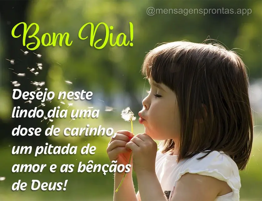 Desejo neste lindo dia uma dose de carinho, um pitada de amor e as bênçãos de Deus! Bom dia!