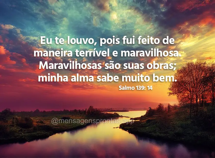 Eu te louvo, pois fui feito de maneira terrível e maravilhosa. Maravilhosas são suas obras; minha alma sabe muito bem.  Salmo 139: 14