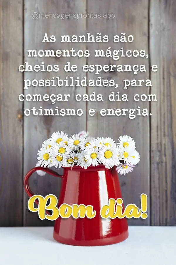 As manhãs são momentos mágicos, cheios de esperança e possibilidades, para começar cada dia com otimismo e energia. Bom dia!