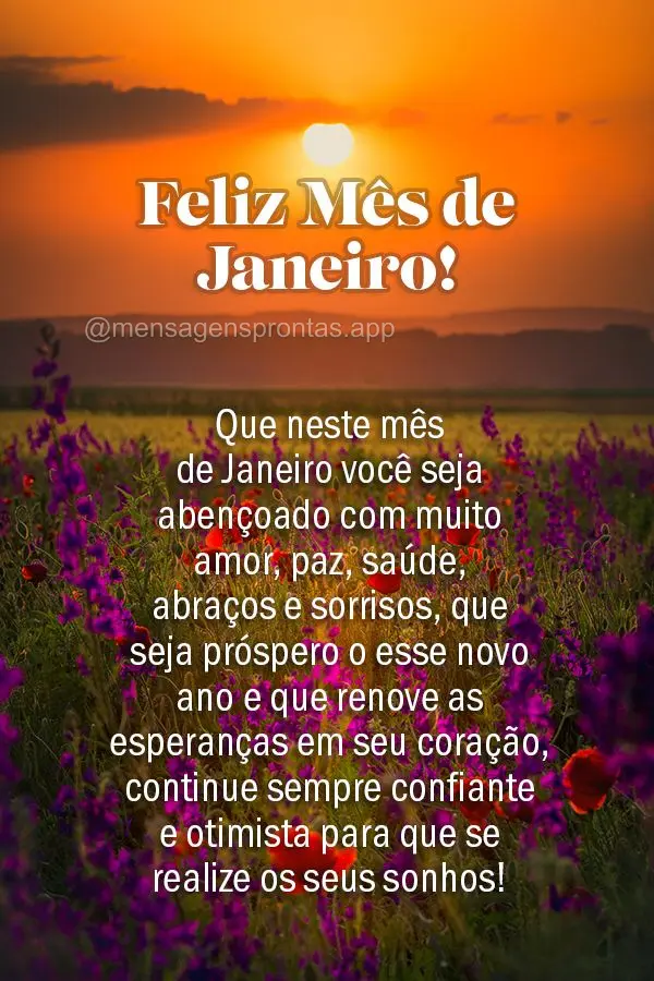 Que neste mês de Janeiro você seja abençoado com muito amor, paz, saúde, abraços e sorrisos, que seja próspero o esse novo ano e que renove as espe...