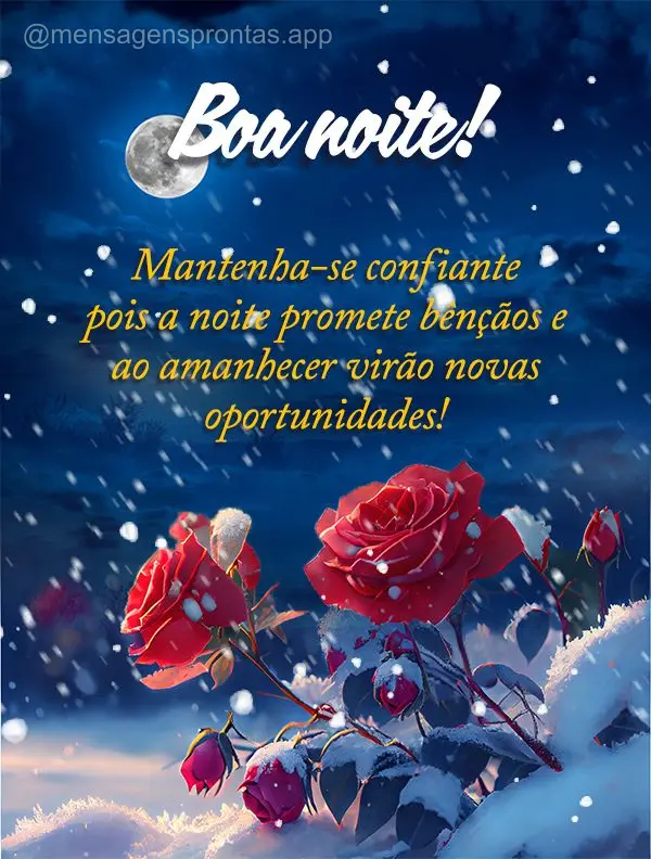 Mantenha-se confiante pois a noite promete bênçãos e ao amanhecer virão novas oportunidades! Boa noite!