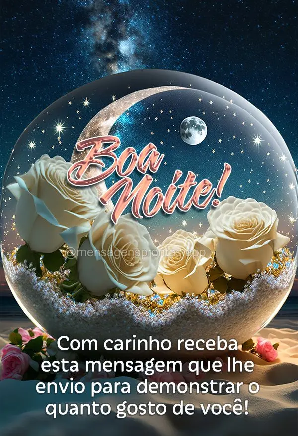 Com carinho receba esta mensagem que lhe envio para demonstrar o quanto gosto de você! Boa noite! 