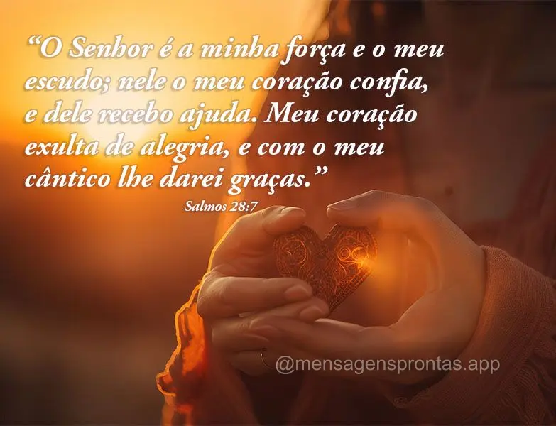 "O Senhor é a minha força e o meu escudo; nele o meu coração confia, e dele recebo ajuda. Meu coração exulta de alegria, e com o meu cântico lhe d...