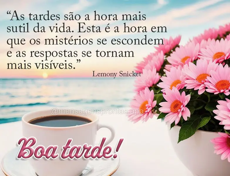 As tardes são a hora mais sutil da vida. Esta é a hora em que os mistérios se escondem e as respostas se tornam mais visíveis. Boa tarde! Lemony Snic...